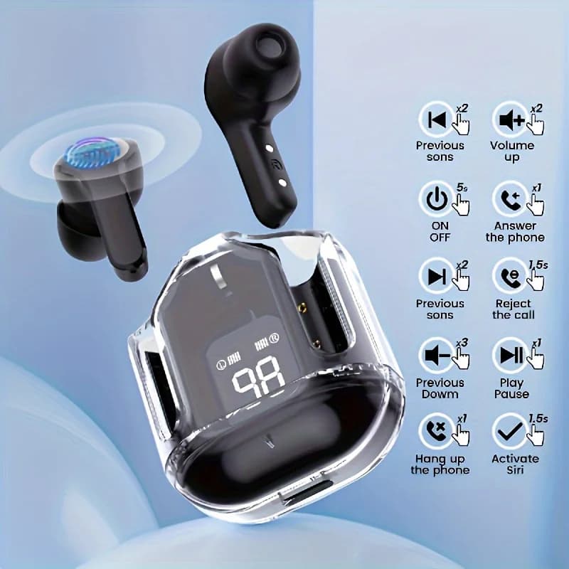 Auricolari Wireless Trasparenti con Display LED, Cancellazione del Rumore ENC, Audio Stereo HiFi, Mini Custodia di Ricarica, Cuffie Sportive