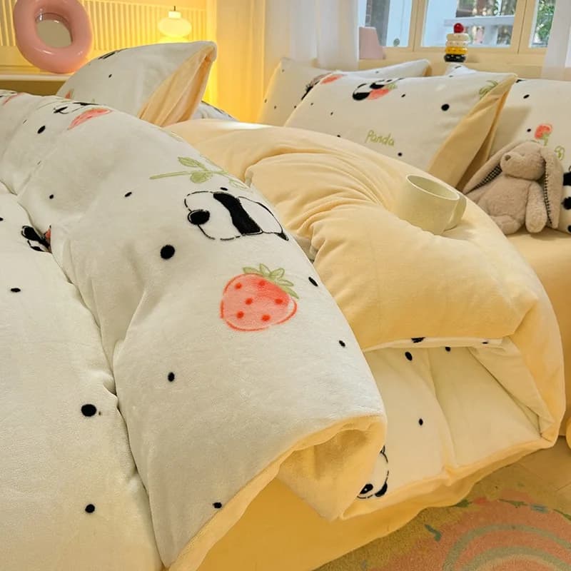 Set copripiumino caldo invernale simpatico cartone animato Set biancheria da letto Queen con copripiumino Lenzuolo Federa Set copripiumino in peluche Copriletto