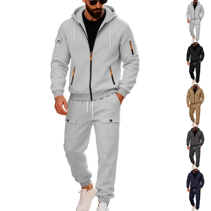 Men's Autumn Heavyweight Fleece Lined Loose Fit Casual Cargo Outdoor Sports Commute Hoodie Sweatsuit 2 Piece Set Men's Tracksuit