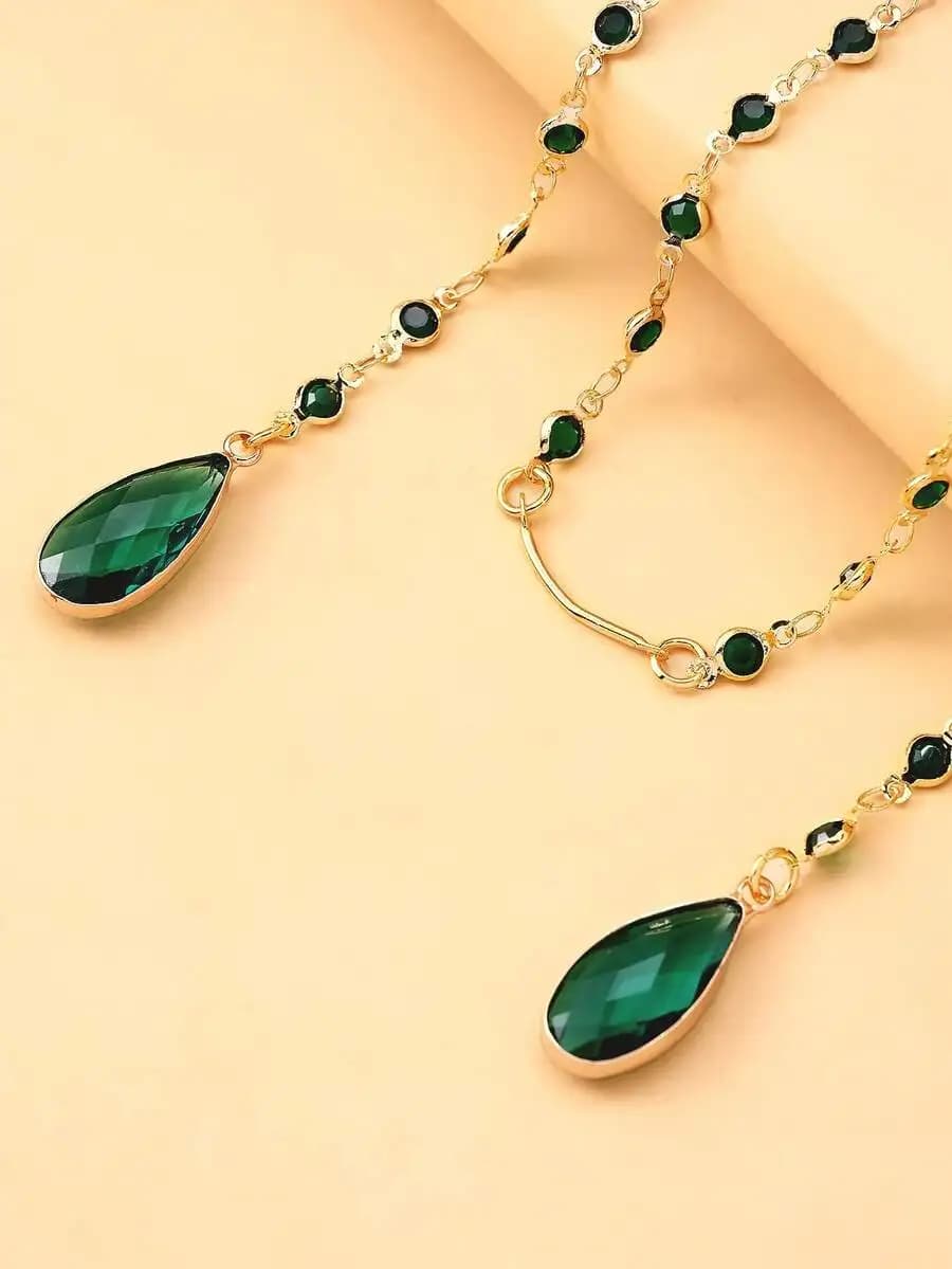 Catena per il viso a goccia con cristalli verdi, gioielli minimalisti per donna