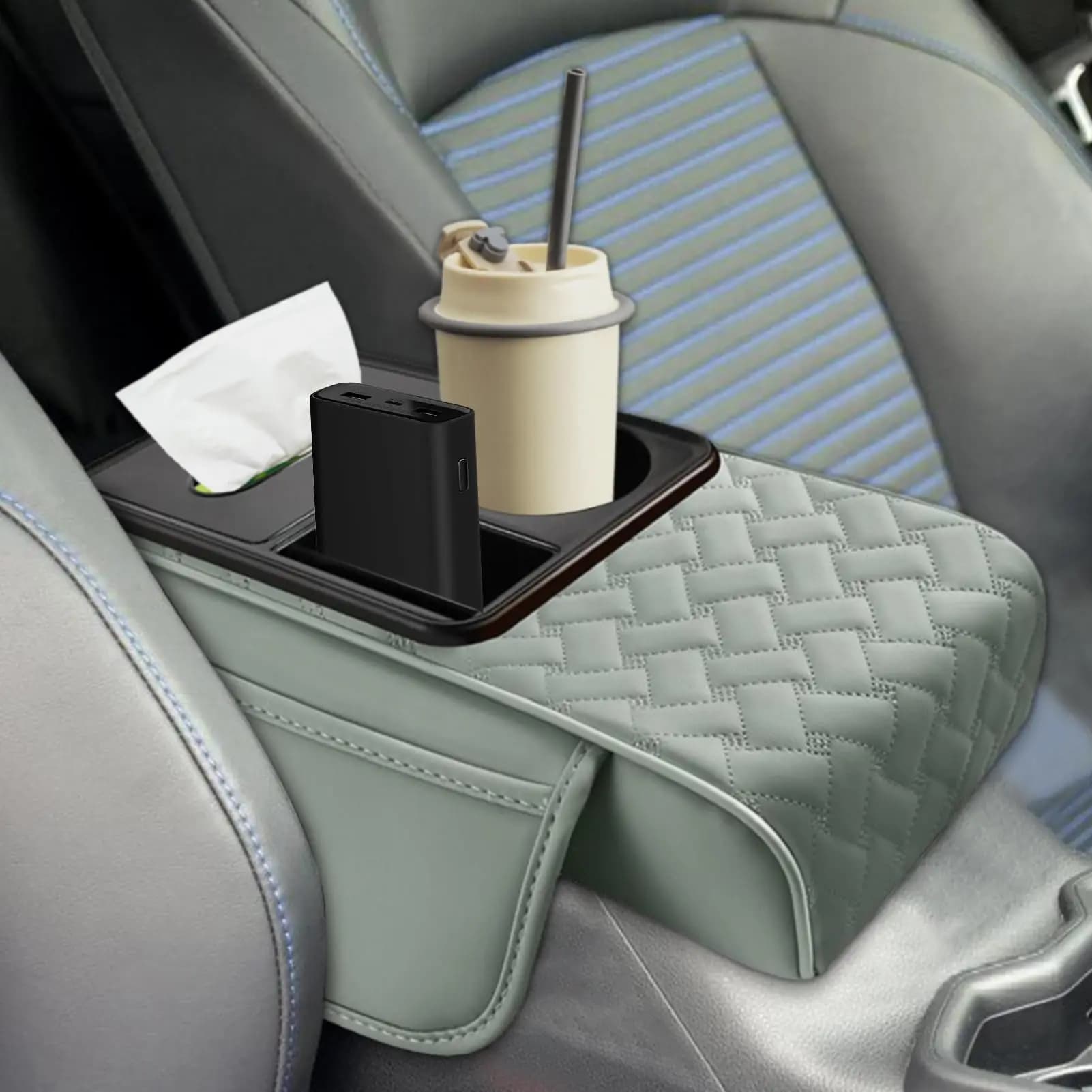 Multi-Functional Car Armrest Storage Box with Cup Holder & Tissue Slot, Universal Auto Console Organizer