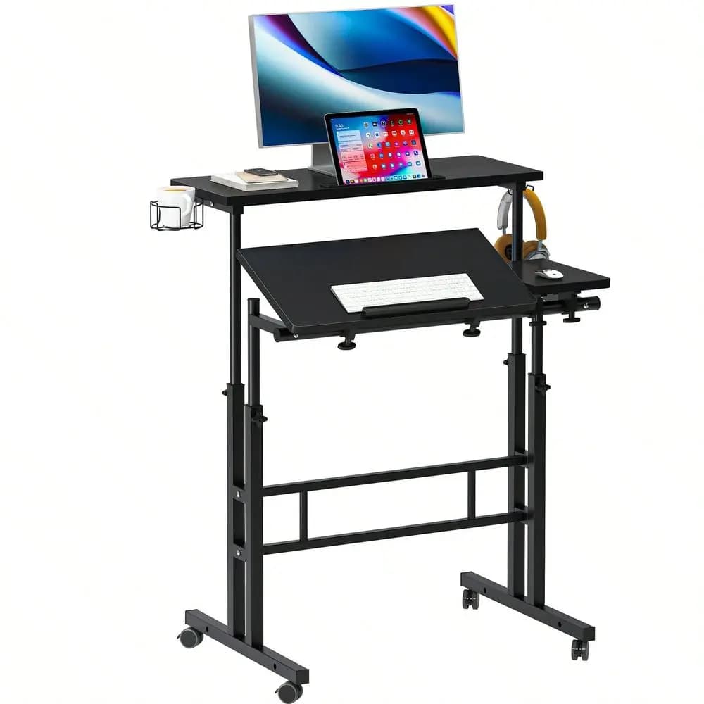 Scrivania regolabile in altezza con ruote, scrivania mobile per ufficio domestico, scrivania per laptop sit-stand con gancio e portabicchieri, scrivania portatile