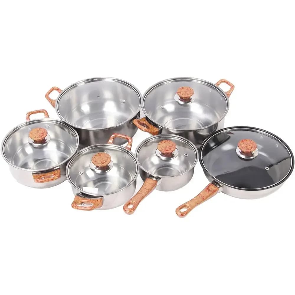 Non-Stick Stainless Steel Pots and Pans Set with Glass Lid and Ergonomic Handle, Ideal for Cooking, Frying, Boiling Noodles, and