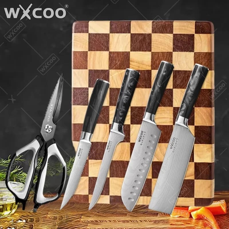 Professional knife WXCOO in Damask steel, Butcher knife, Japanese kitchen knife Santoku, Acacia wood cutting board for home use