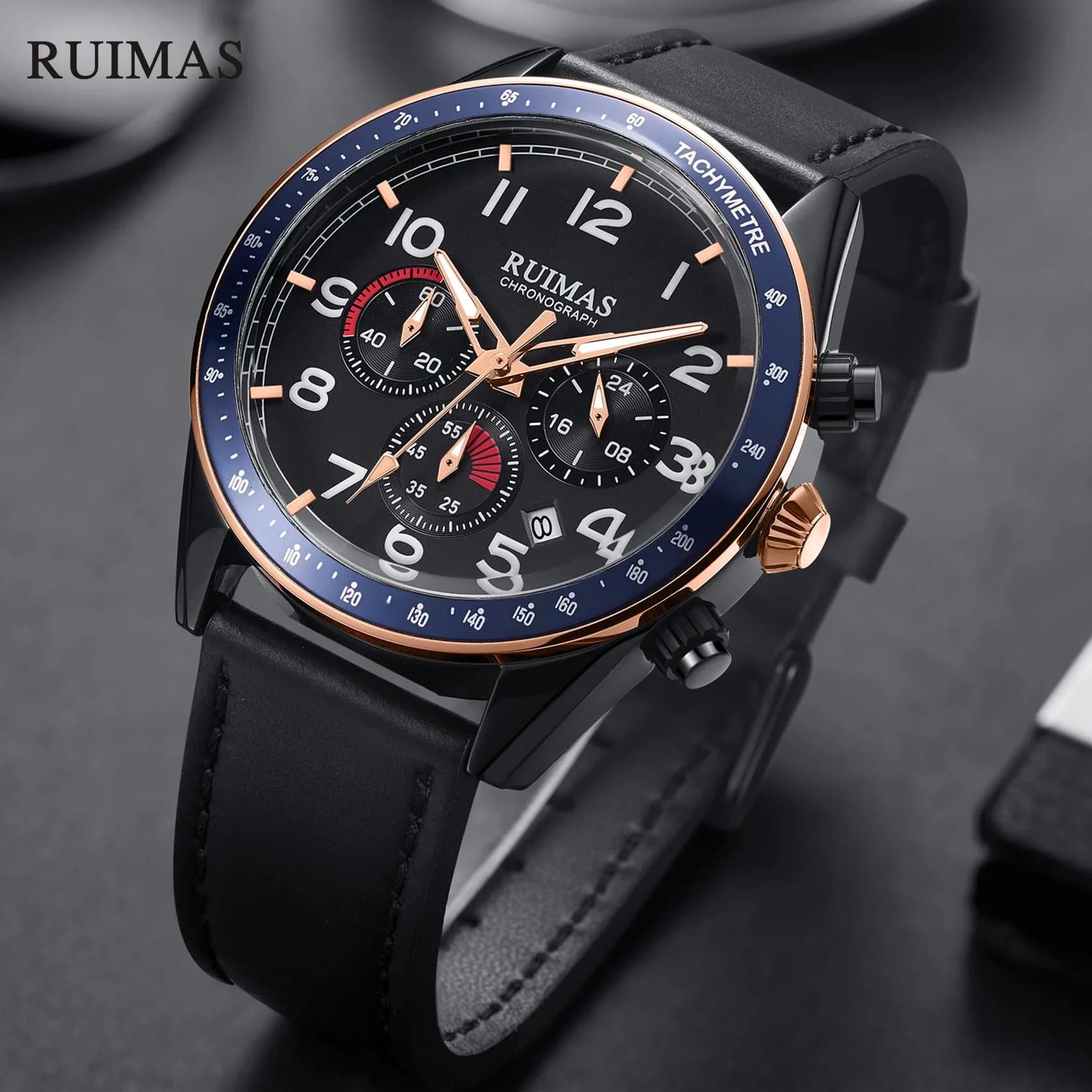 RUIMAS Cronografo Orologio da polso sportivo da uomo 3ATM Orologio da uomo impermeabile al quarzo con cinturino in pelle casual con funzione data Quadrante da 44 mm 574