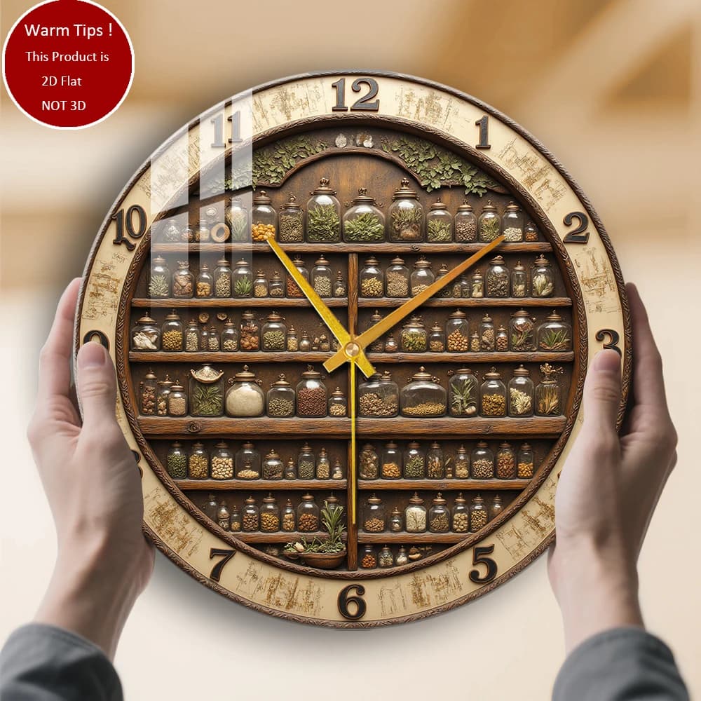 Orologio da parete in vetro temperato Barattolo di erbe Orologio da scaffale in legno adatto per decorazioni da parete o display da tavolo ovunque
