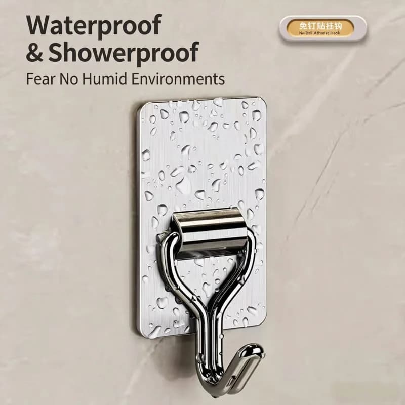 No Drill Stainless Steel Adhesive Hook, Heavy Duty Wall Hook for Kitchen Bathroom Cabinet Door Hanging