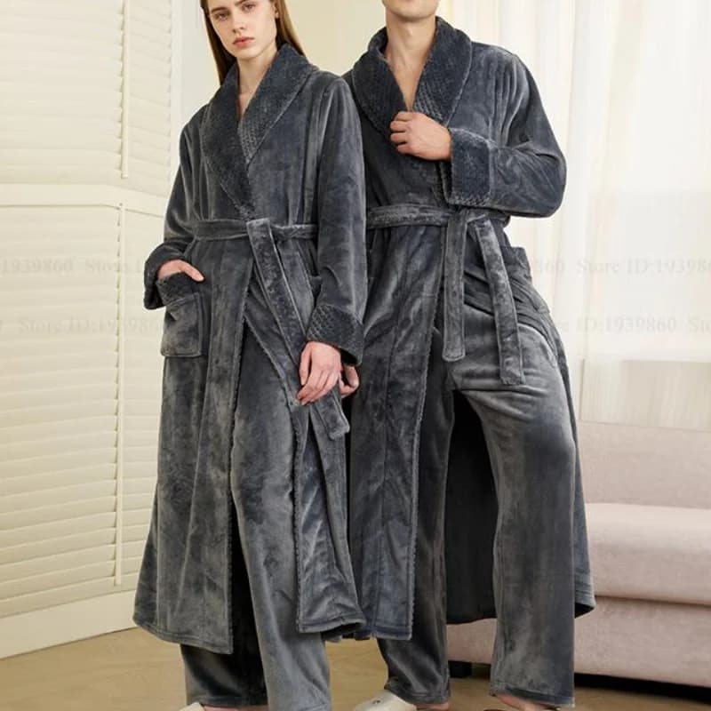 Autumn Winter Couple Nightwear Clothing For Home Adding Flannel Long Dress Pigiama Set Kimono Dress Bathrobe Coral Fleece Loingewear