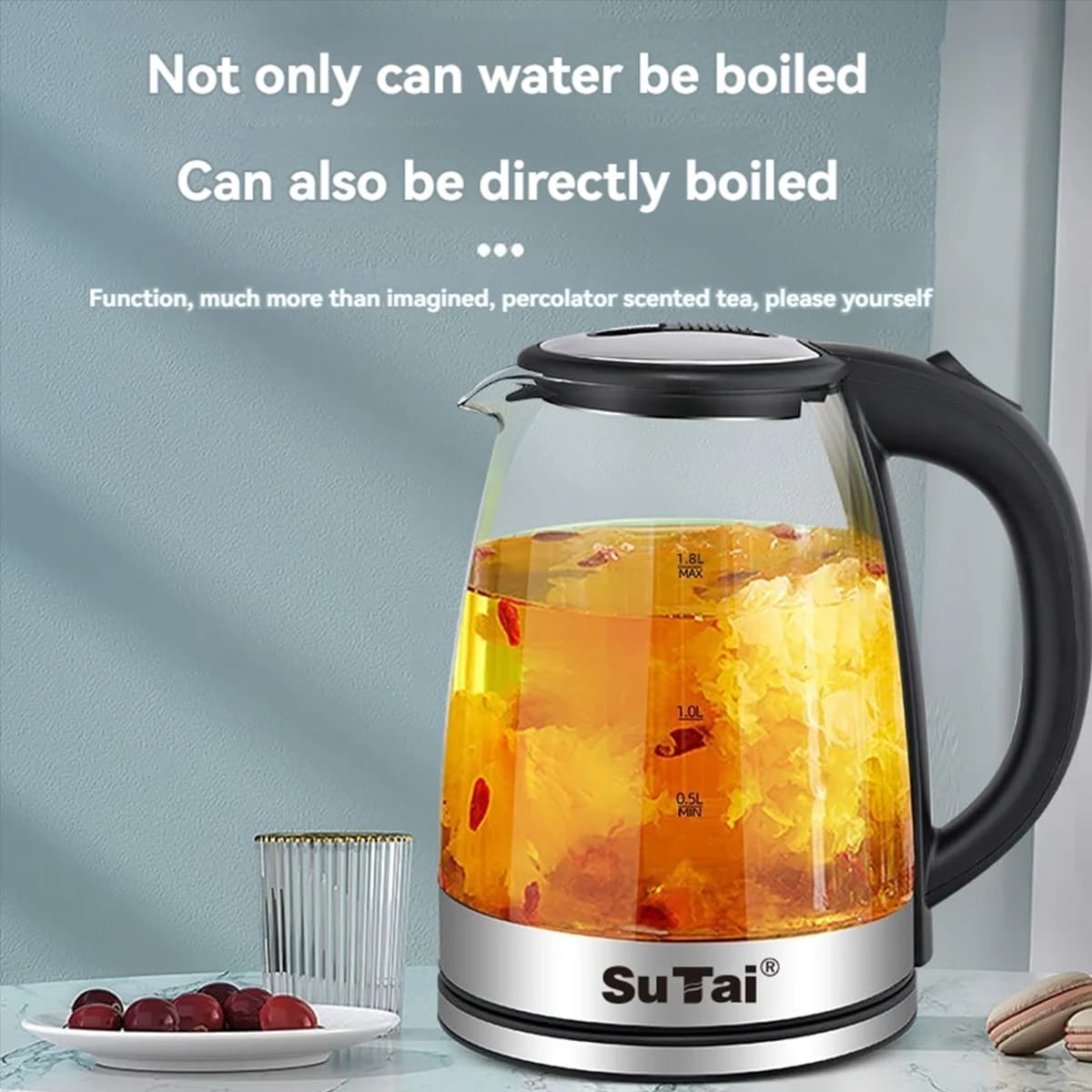 1.8 Liter Electric Kettle - Quick boiling of 1000 W, transparent borosilicate glass, stainless steel, beccus with filter, anti-coating handle, blue LED light, large capacity for family use