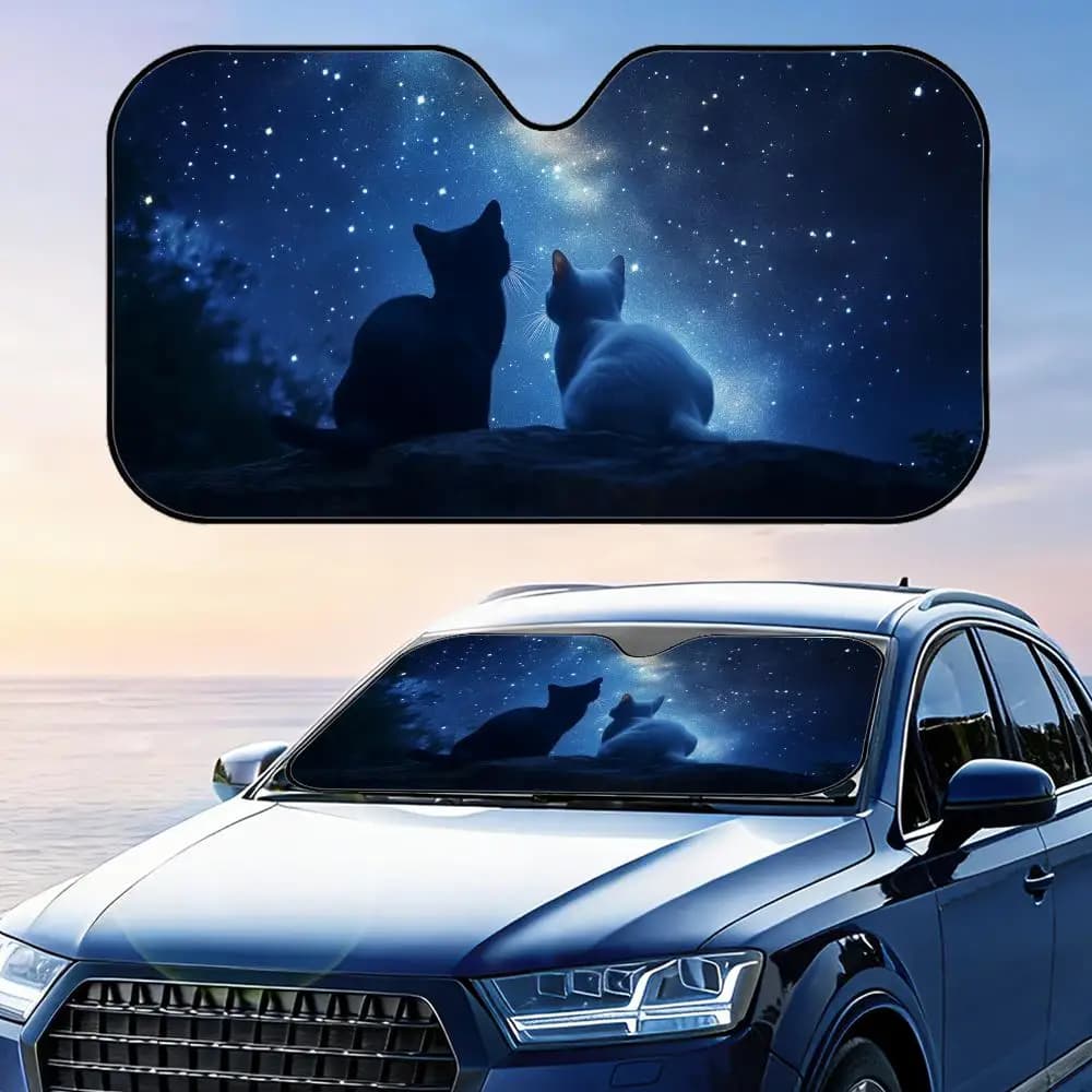 Parasole Pieghevole Universale per Auto con Stampa Due Gatti Sotto le Stelle, Protezione UV e Isolamento Termico