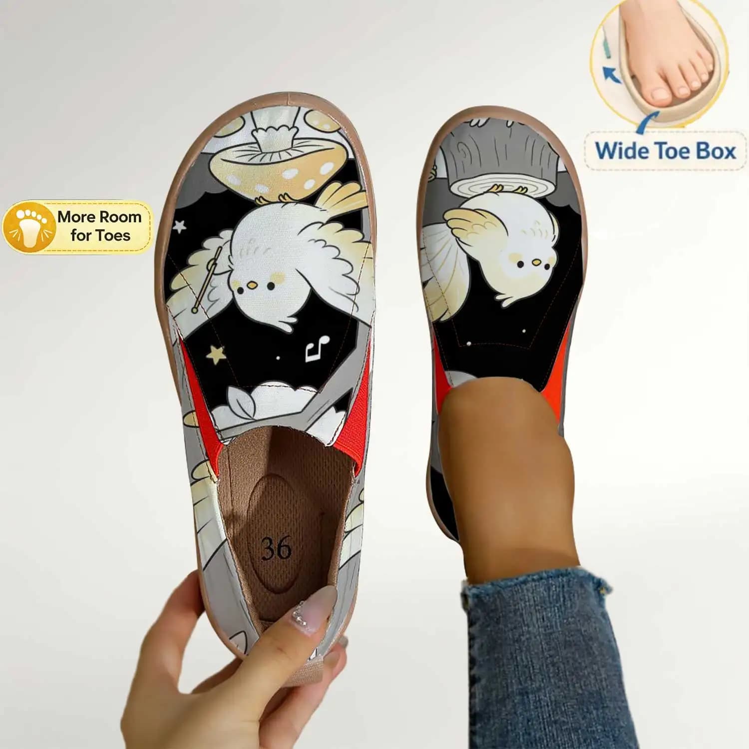 Scarpe slip-on da donna con stampa di uccelli bianchi, comode scarpe da passeggio con punta larga, mocassini in tela leggeri e traspiranti, scarpe casual stile college per tutti i giorni, per donne con piedi larghi
