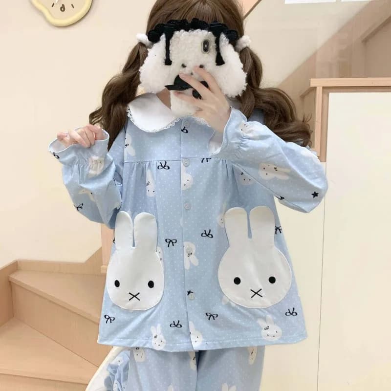 Nuovo Completo Loungewear Miffy con Cartone Animato Carino e Dolce, Maniche Lunghe e Pantaloni Lunghi, per Primavera/Autunno, con Adorabili Tasche e Design a Testa di Coniglio