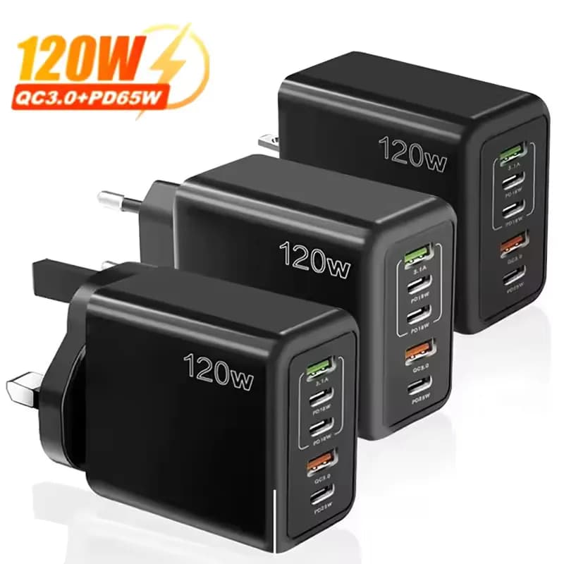 Total 120W 5 Ports USB Charger Type C Fast Charging Mobile Phone Wall Adapter For iPhone Samsung Xiaomi Huawei EU/US/UK Plug