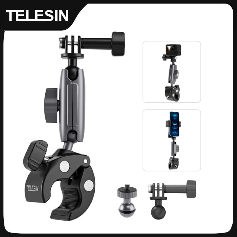 TELESIN Morsetto per montaggio su guida per bicicletta per moto con clip per montaggio a sfera da 360 gradi per Gopro Hero DJI OSMO Action Insta 360 per telefono