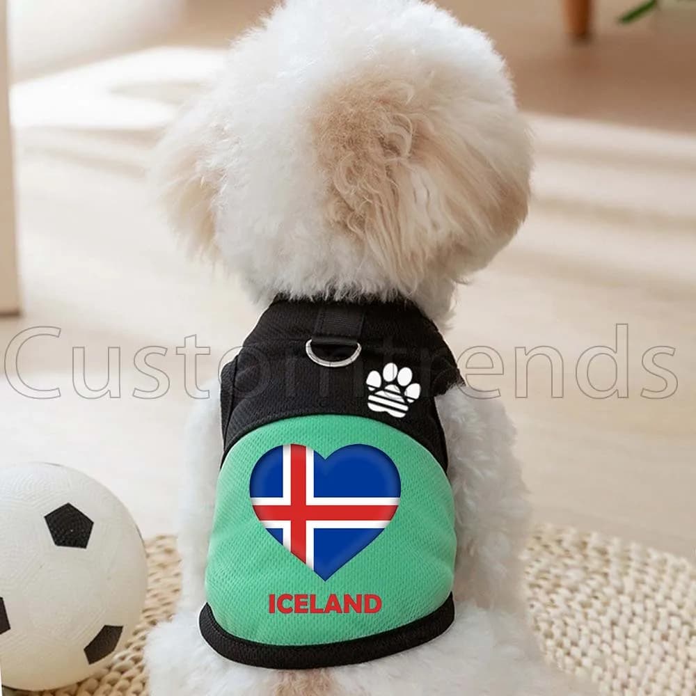 Pettorina a rete con bandiera a cuore dell'Islanda per cani e gatti, Abbigliamento per animali domestici, Gilet primaverile/estivo per cani con anello a D per guinzaglio e graziosa stampa a zampa