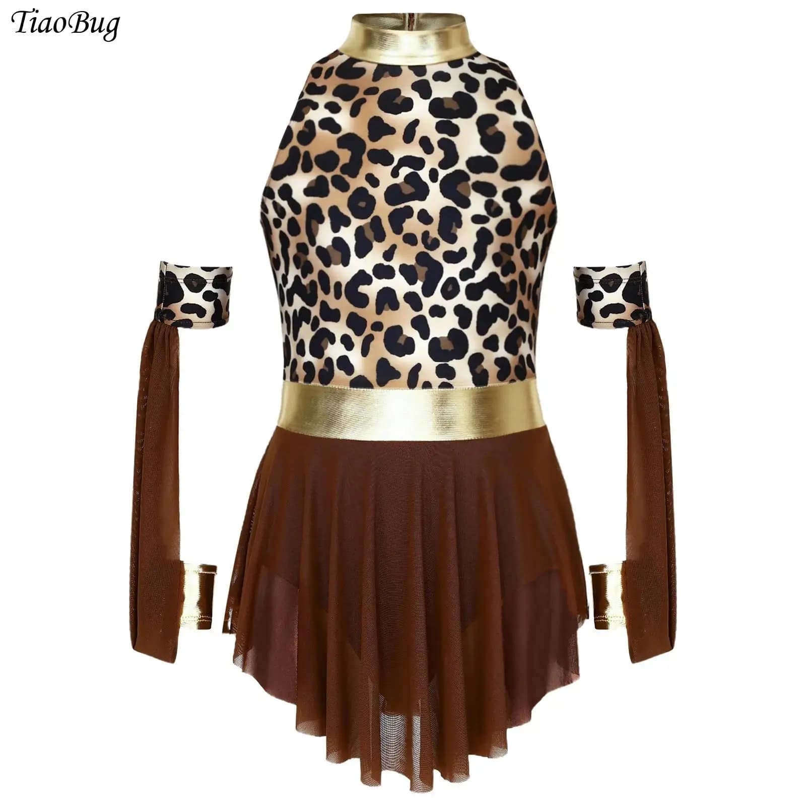 Girl costume for Halloween, prehistoric style, with leopard print, polished metallic dress and matching sleeves.
