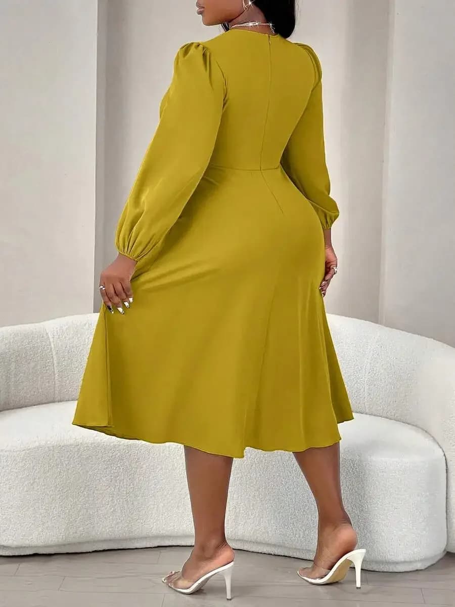 Elegante Abito Midi a Maniche Lunghe con Gonna Svasata per Donna, Verde Tinta Unita, per Occasioni Formali