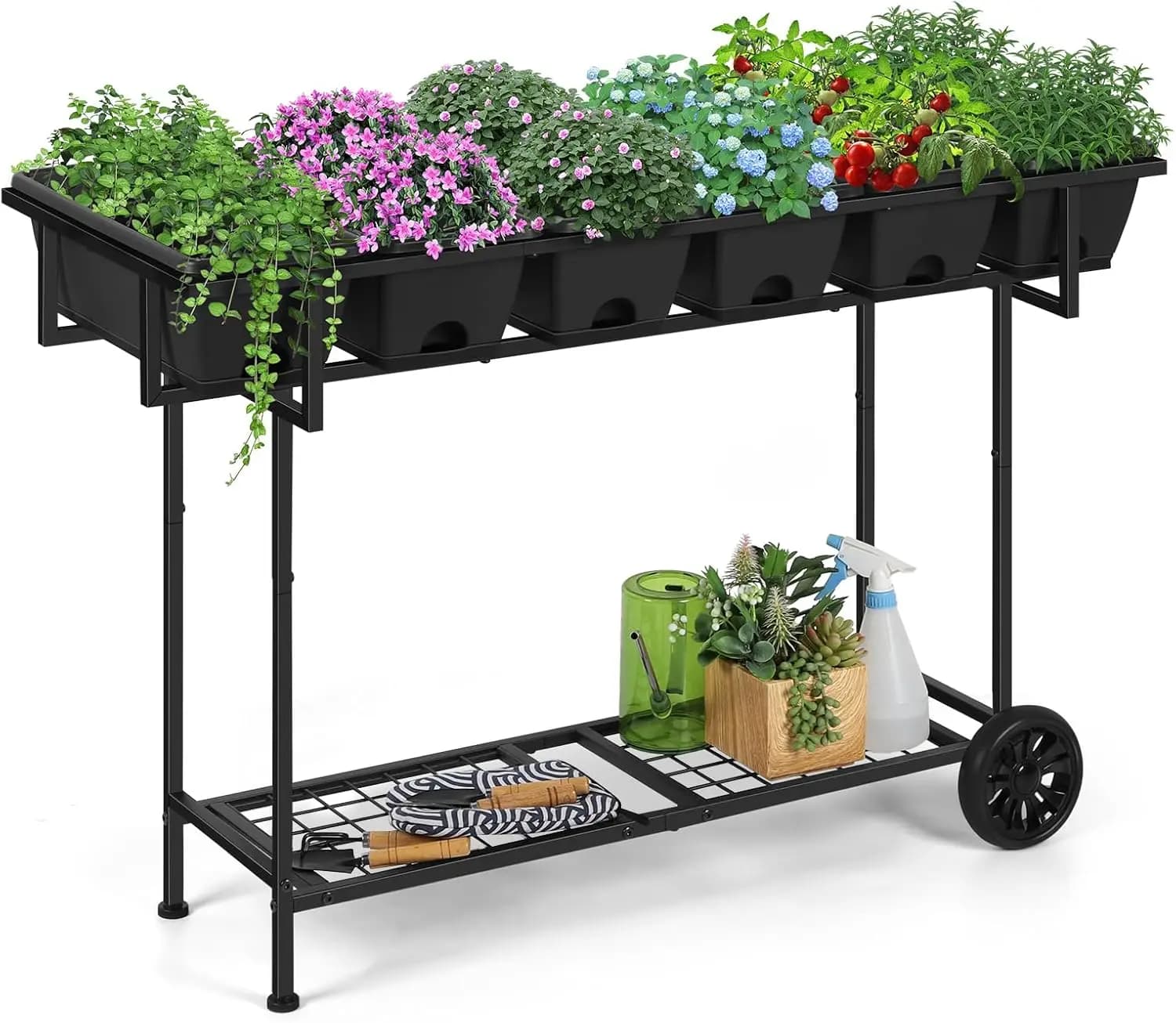 Fioriera Rialzata con Gambe 43x17x29 Pollici, Vaso Rialzato con Ripiano Portaoggetti e Ruote per Verdure, Erbe e Fiori