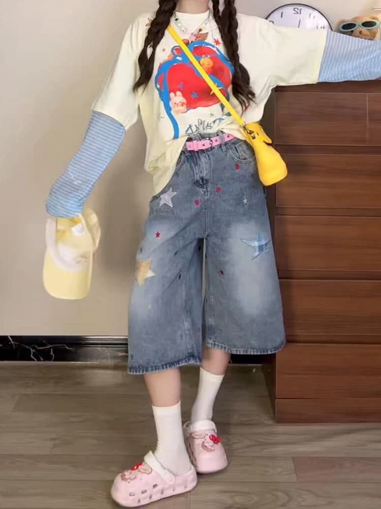 American Style Retro Star Embroidery Seven-Foot Jeans Women Summer Design Loose Straight Wide Leg Trendy High Waist Denim