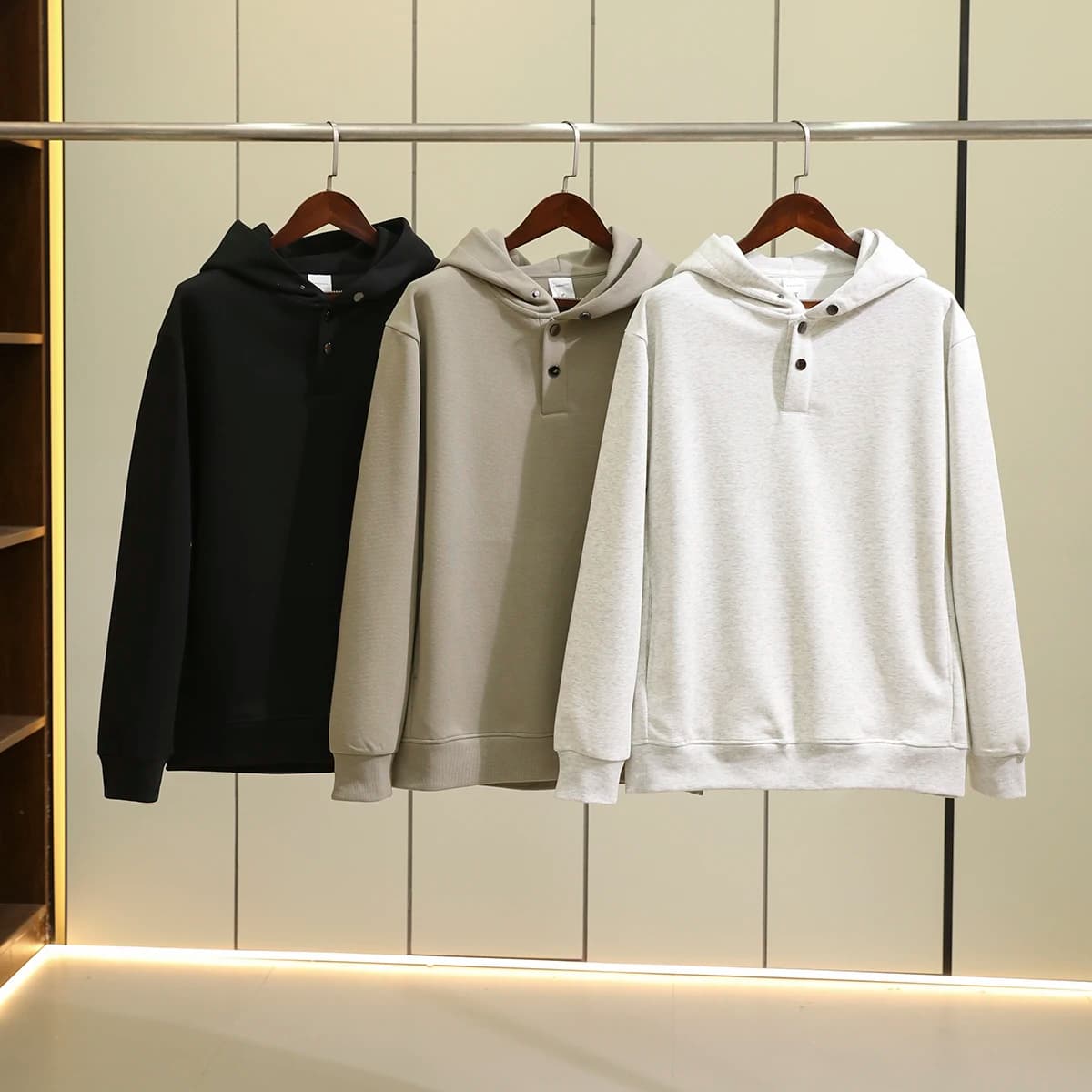 American Casual High Knit Cotton Hoodie Men's Fashion Retro Button Front Closure Autumn Warm Long Sleeve Sweatshirt