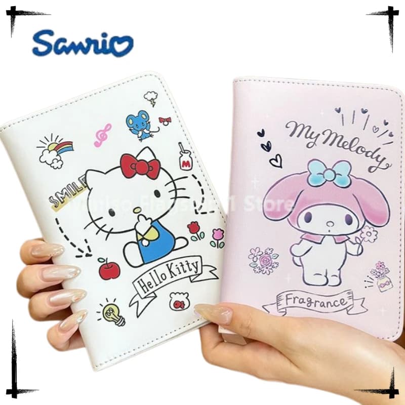 Lovely Hello Kitty Kuromi Cinnamoroll Passport Cover Credit Card Holder Sanrio Leather Business Card Bag Ladies Passport Holder