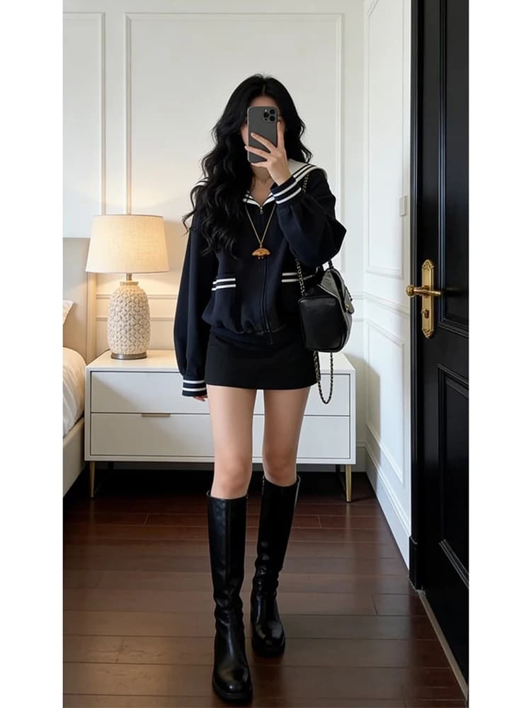 Spring 2026 Women's Zipper Long Sleeve Navy Collar Color Block Cardigan Jacket College Style Age Reduction Versatile Trendy Top