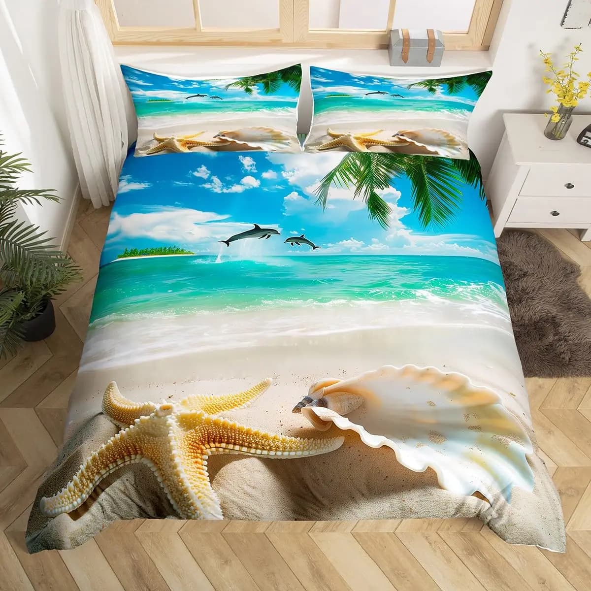 Beach cover, Queen curd, microfiber headdress with star decorations for teenage boys and girls, beach themed bedding