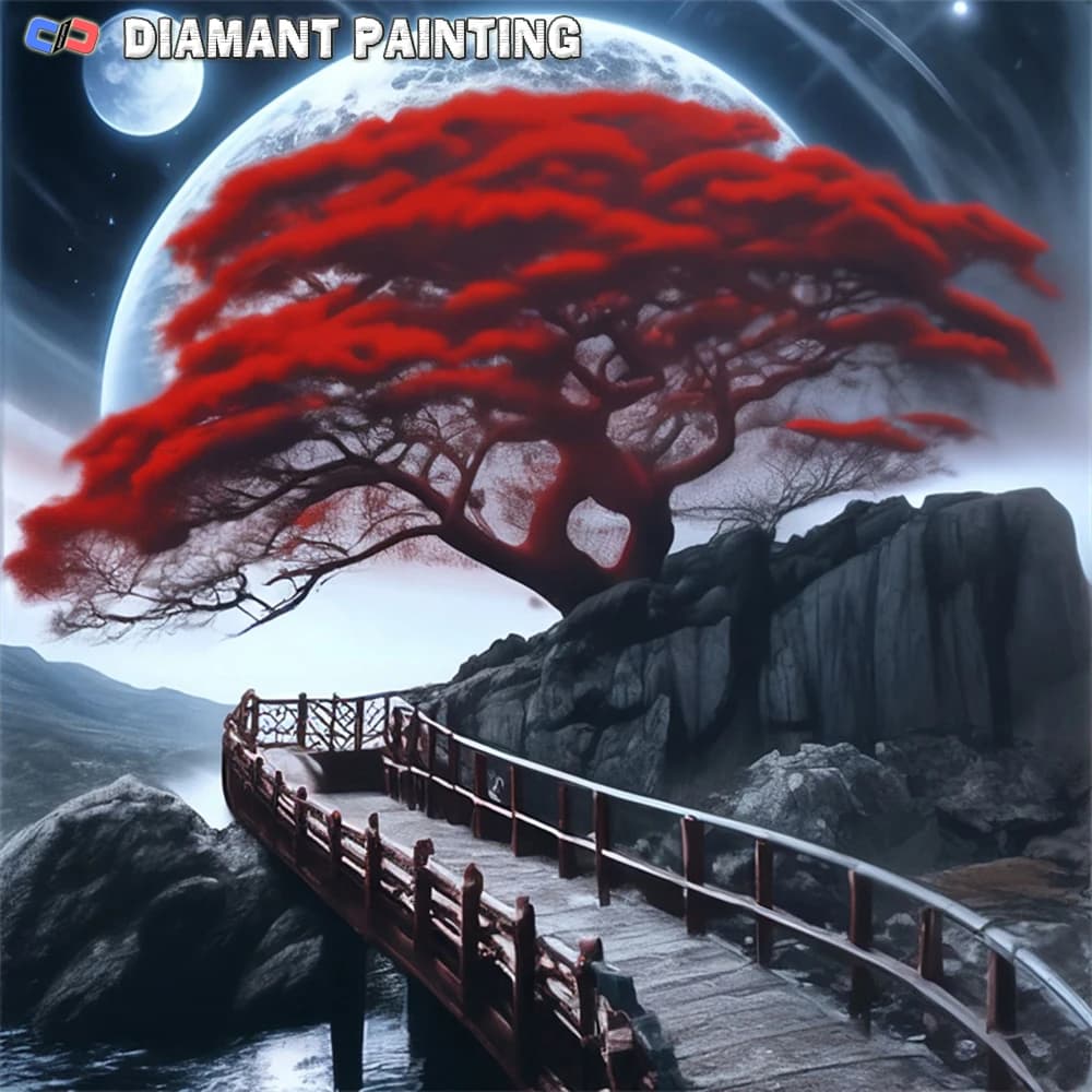 5D DIY Diamond Painting Kit, Moon Tree River Landscape Mosaic Art, Moon Picture Diamond Embroidery, Acrylic Handicraft Home