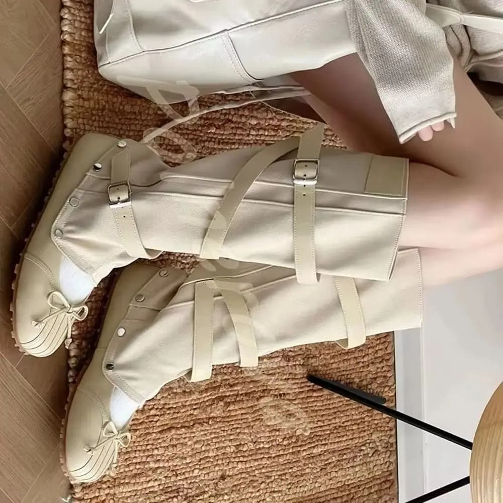 Belt Buckle Wrap Knee High Boots Detachable Ballet Flats 2-In-1 Bow Rivet Boots Y2K Sweet Cool Women Removable Leg Cover Shoes