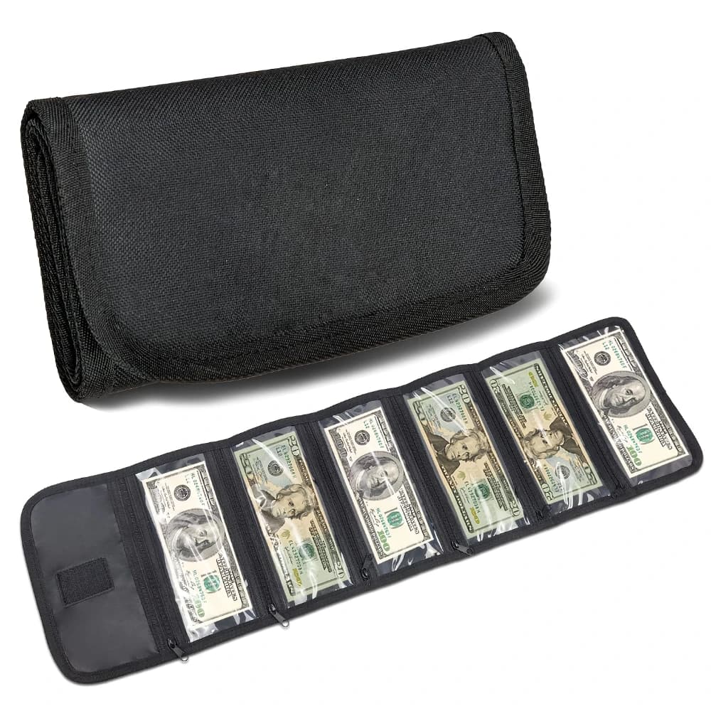 Organizzatore di denaro per contanti con 6 tasche con cerniera, custodia per soldi multipack, organizer per banconote, busta per soldi
