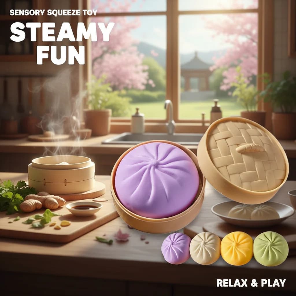 1 Pezzo Pallina Antistress a Forma di Raviolo, Giocattolo Sensoriale Simulazione Cibo con Mini Vaporiera, Pallina Spremibile per Alleviare lo Stress