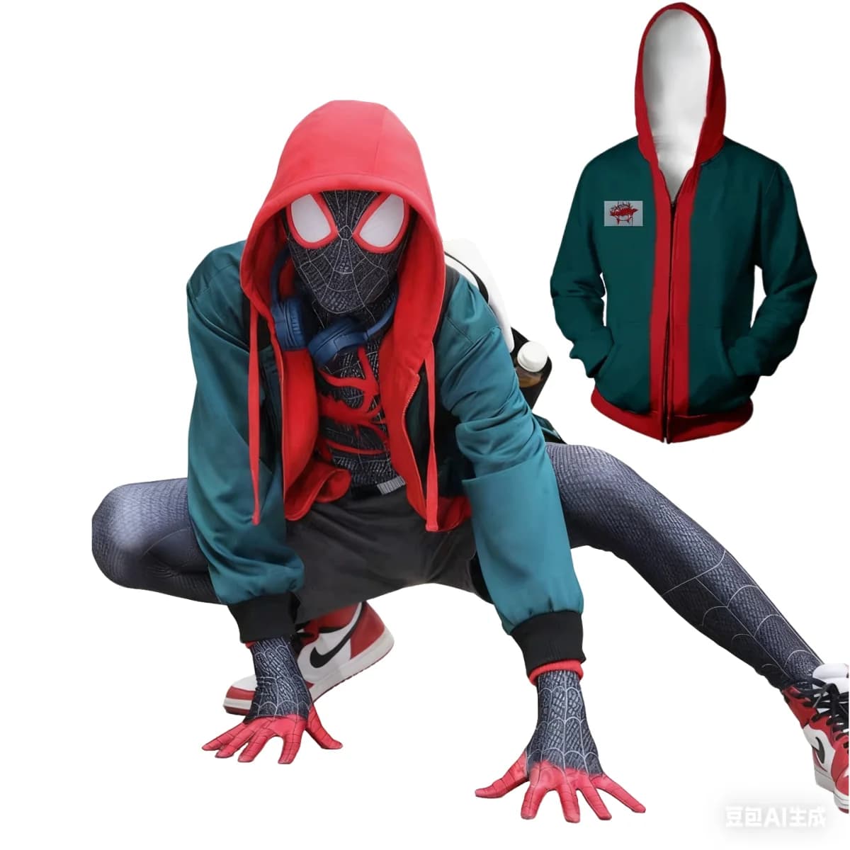Superhero Hoodie, Green Jacket with Zip, Halloween and Carnival costume, Miles Morales suit