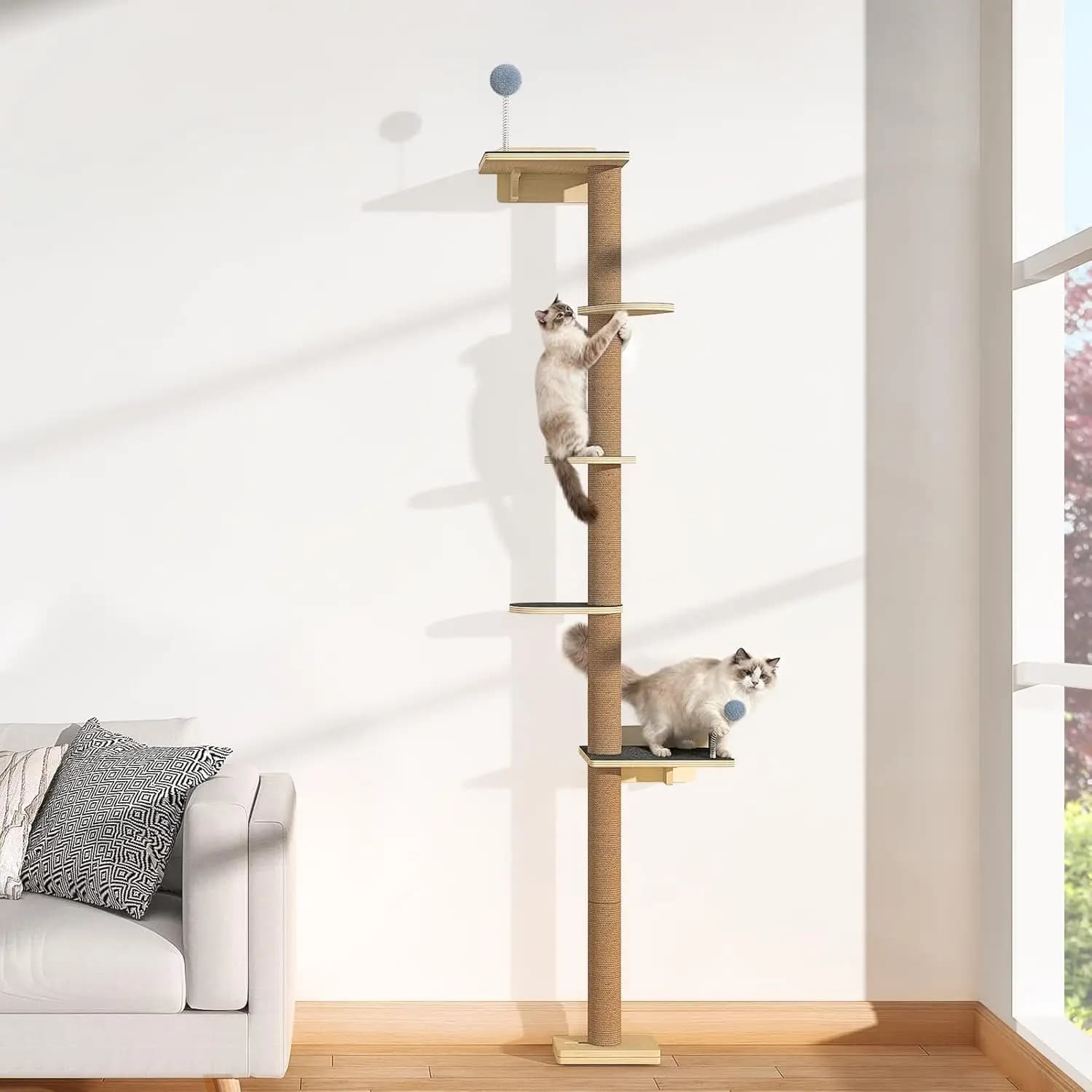 Albero per Gatti da Parete Alto 82 Pollici per Gatti Grandi, Tiragraffi con Giocattoli, Torre da Terra a Soffitto per Angoli