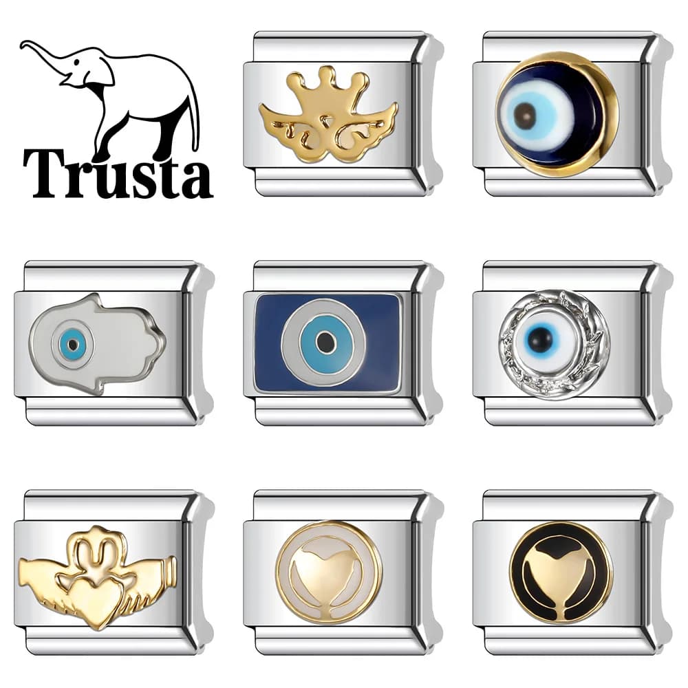 Trusta 2024 Nuovo Bracciale alla Moda con Charm a Forma di Occhio e Cuore, Catena Italiana 9mm in Acciaio Inossidabile per Donne, Creazione di Gioielli Fai-da-Te, Vendita all'Ingrosso N045