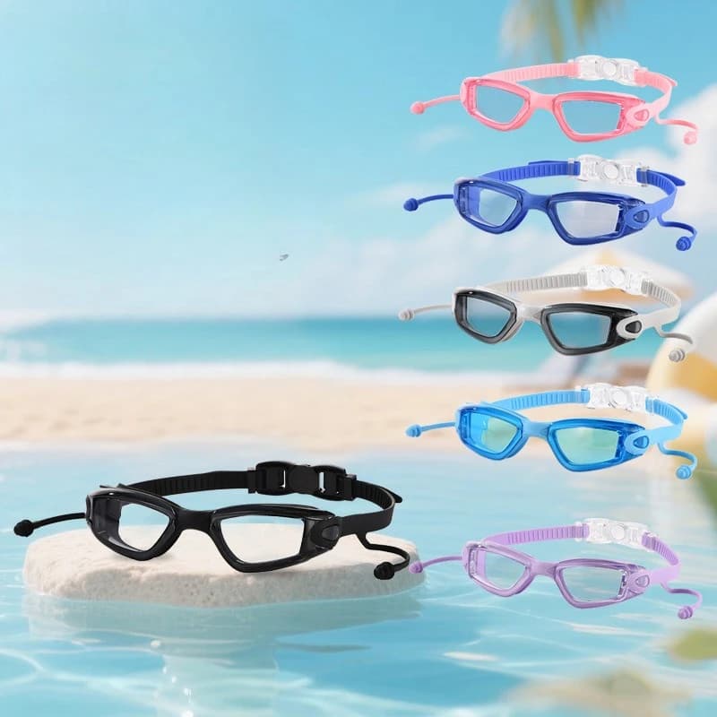 Occhialini da nuoto unisex, con tappi per le orecchie, impermeabili, antiappannamento, montatura grande, trasparenti.