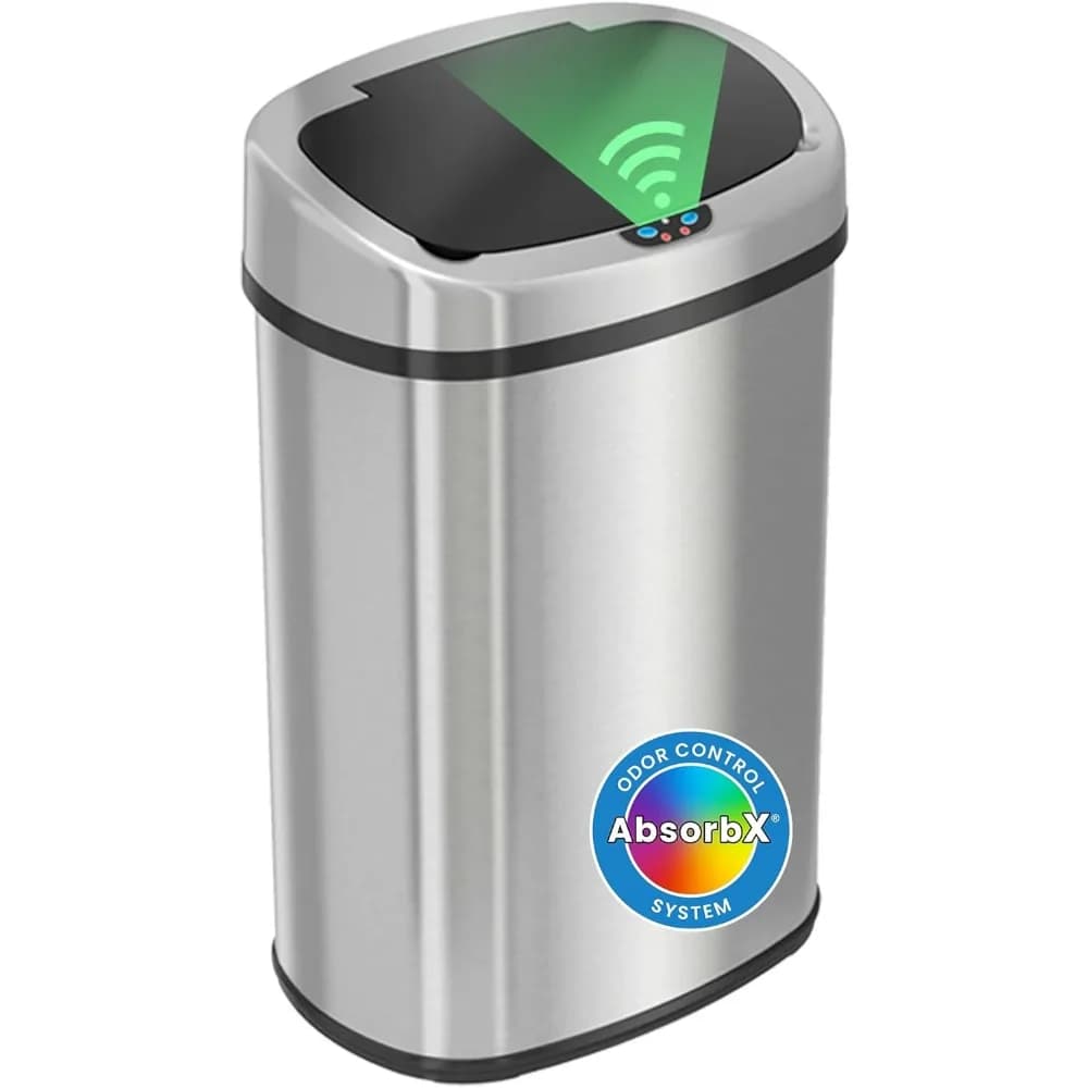 Cestino per Rifiuti Ovale Senza Contatto da 50L/13 Galloni, in Acciaio Inox Anti-Impronta, con Filtro Anti-Odore, Sensore di Movimento e Coperchio Silenzioso a Chiusura Morbida