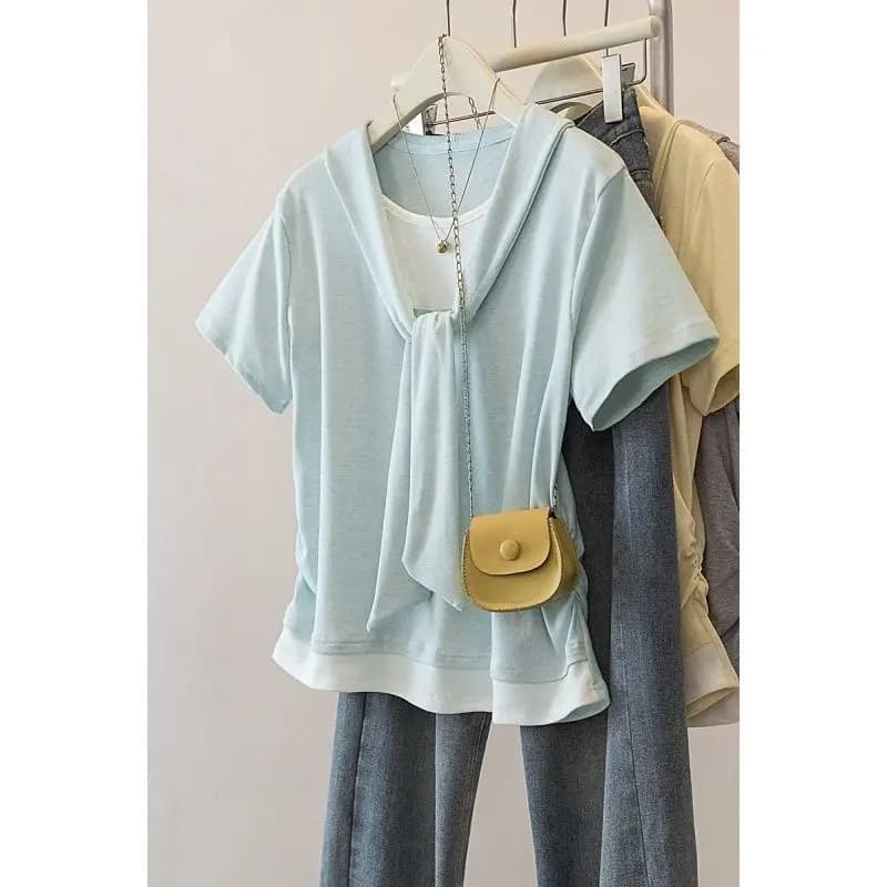 Plus-size women's spring and summer new color-blocking loose slimming casual versatile faux two-piece short-sleeve T-shirt