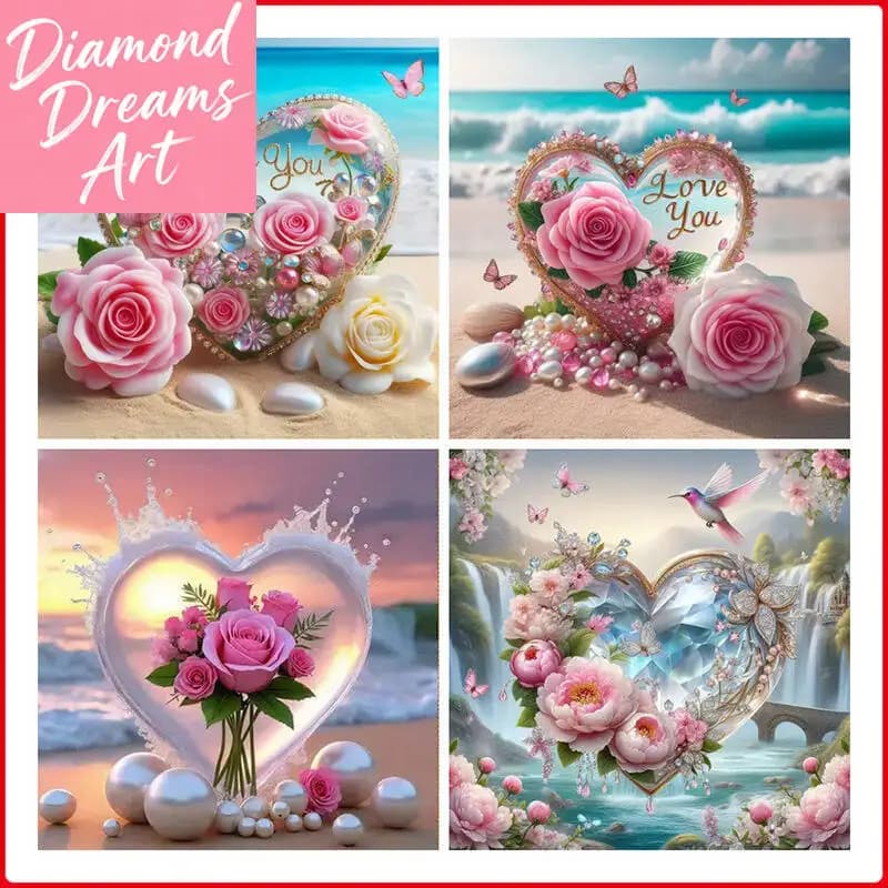 Quadro senza cornice, con rose rosa a tema marino, cuore, pittura diamantata, uccello, mosaico di strass a diamante pieno quadrato e rotondo, set completo