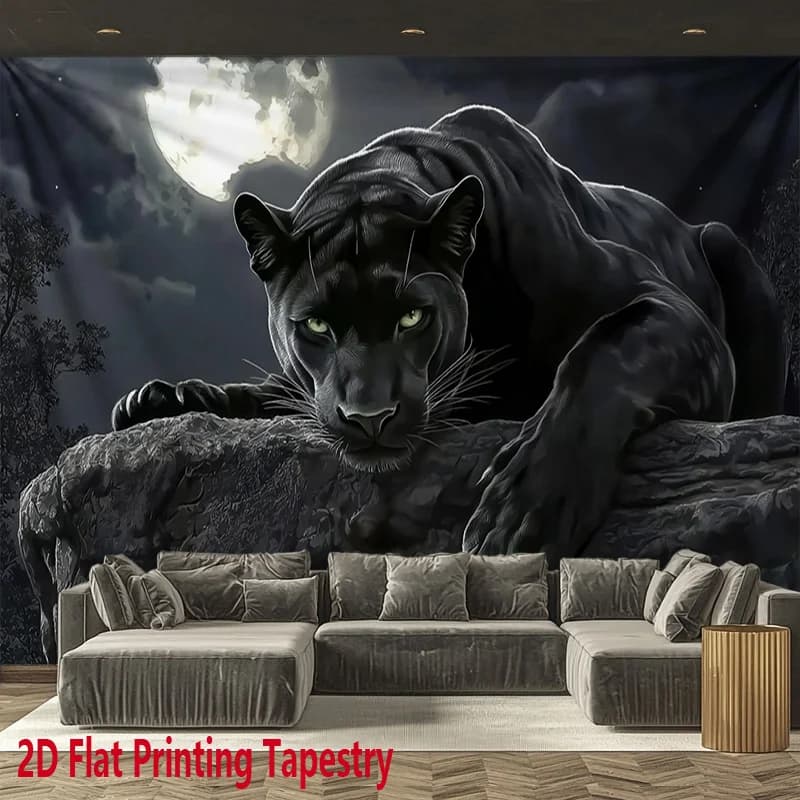 Flat Printing Tapestry Wall Hanging, Black Panther Lying on Rock Under Full Moon, Cool Animal Wall Art Decor for Living Room