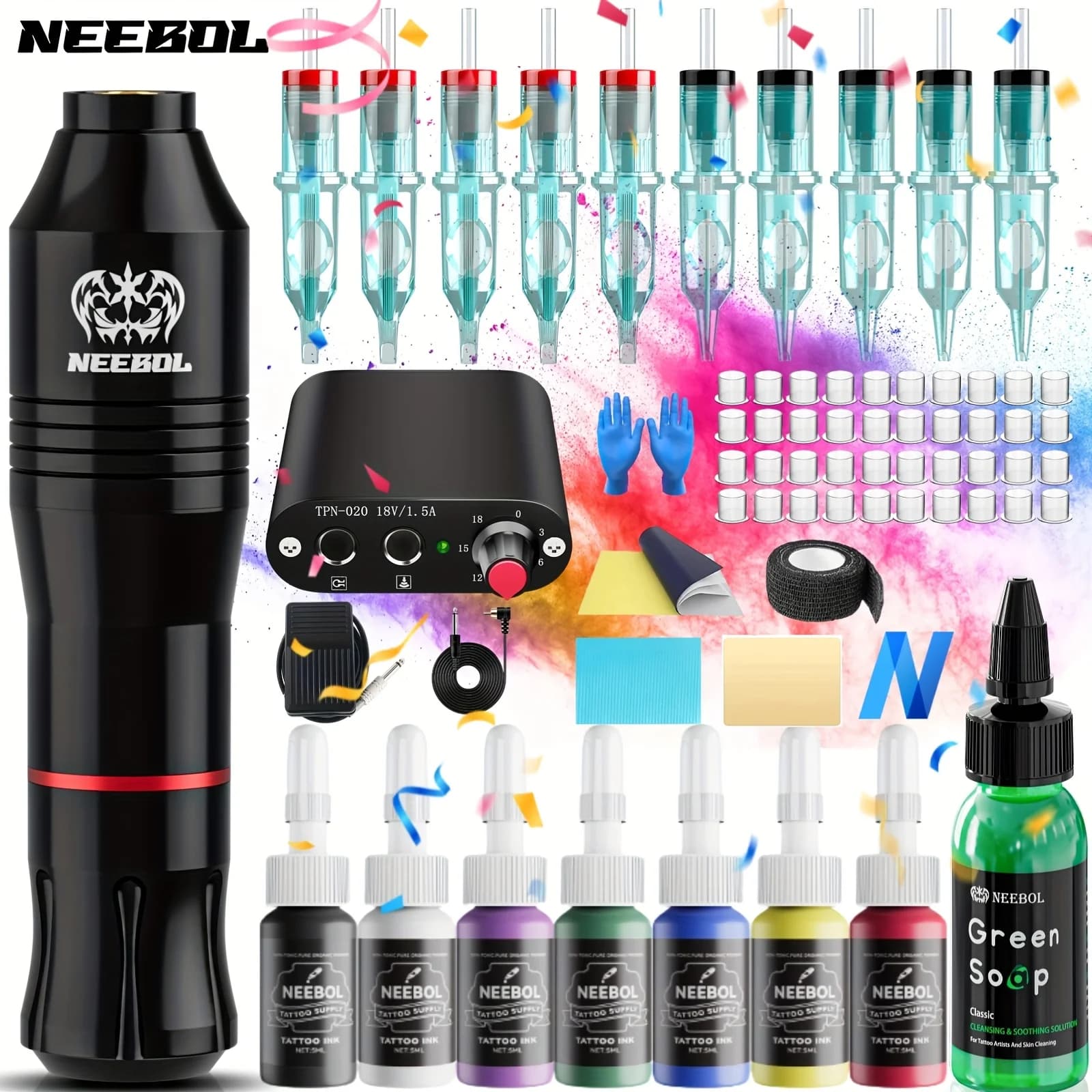 Neebol Tattoo Machine Full Kit, Rotaty Tattoo Pen with Power Supply for Beginners and Artists, Tattoo Gun, Tattoo Supplies and Equipment, 10 Cartridge Needles, 7 Tattoo Inks, Wired Tattoo Kit with Foot Pedal, Makeup Body Art Gift