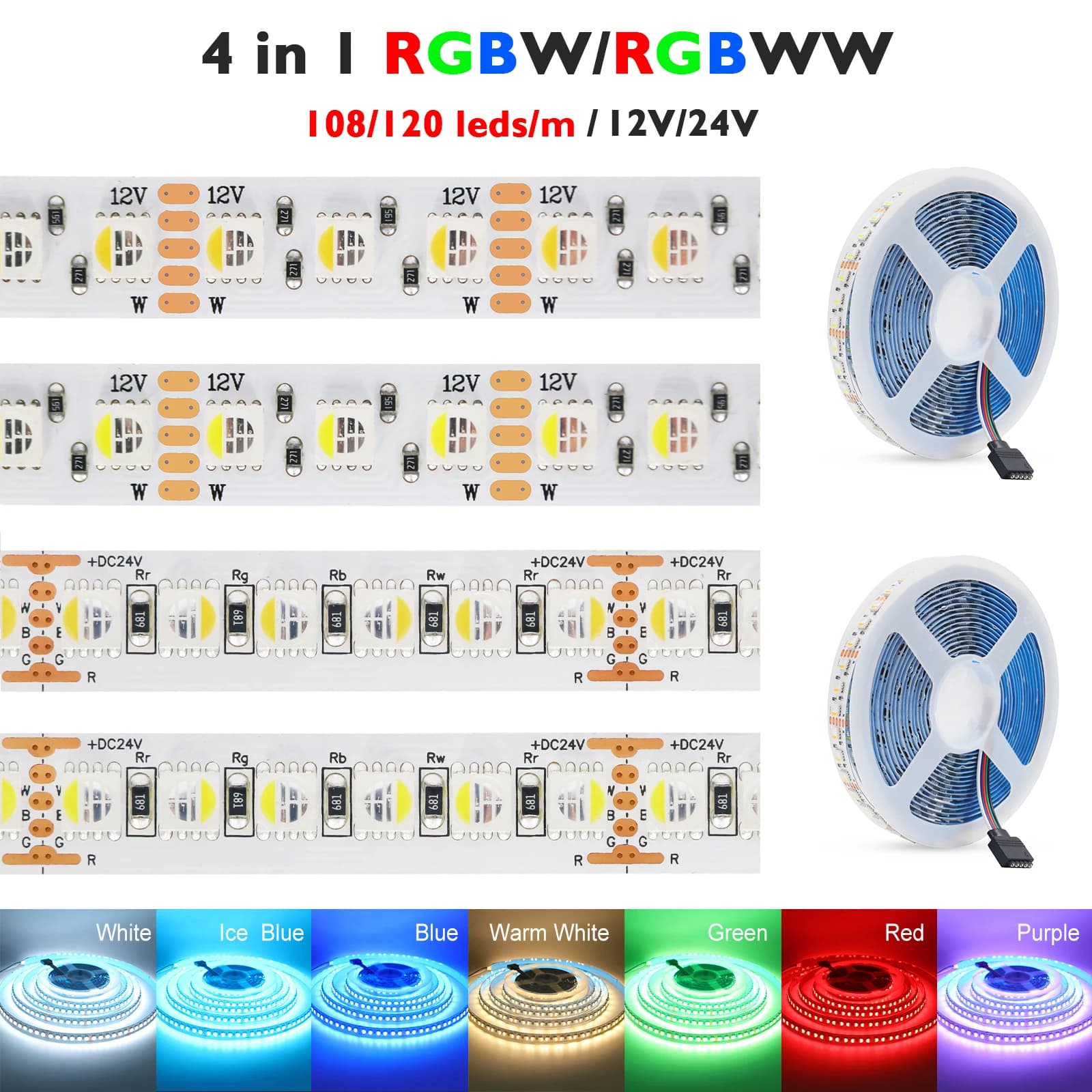 5m 12V 24V 5050 RGBW RGBWW 4 in 1 LED Strip 108 120LEDs/m Flexible Tape 12MM PCB Not Waterproof 5 Pin Ribbon for Home Decor