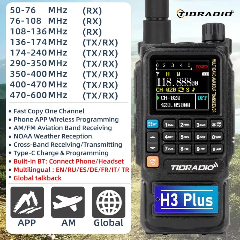 TIDRADIO H3 Plus Walkie Talkie Dual PTT Air Band Radio a Lungo Raggio Programmazione Wireless Cavo USB Type-C per Programmazione e Ricarica