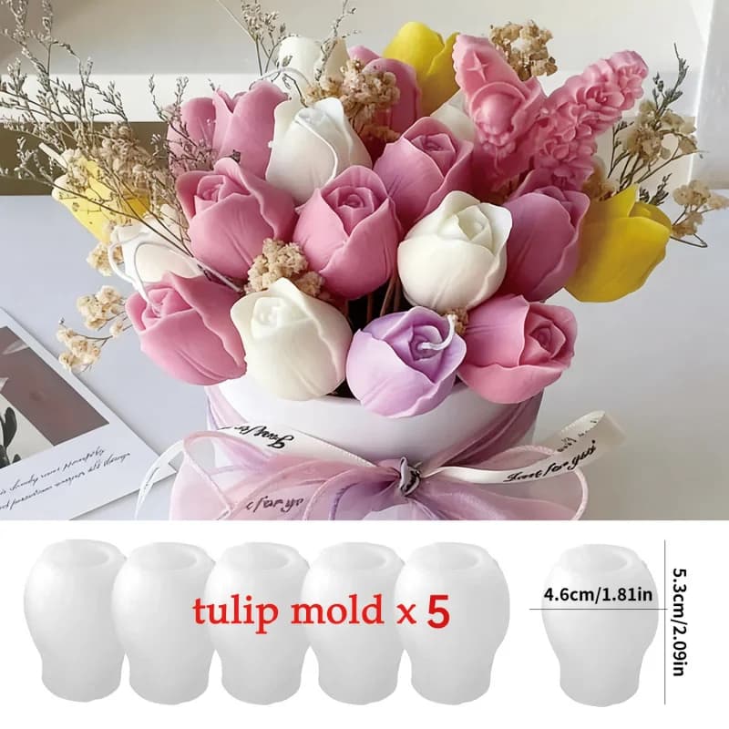 5Tulip-shaped candle mold，Suitable for epoxy resin silicone flower molds，Features realistic tulip petals，Suitable for candle mak