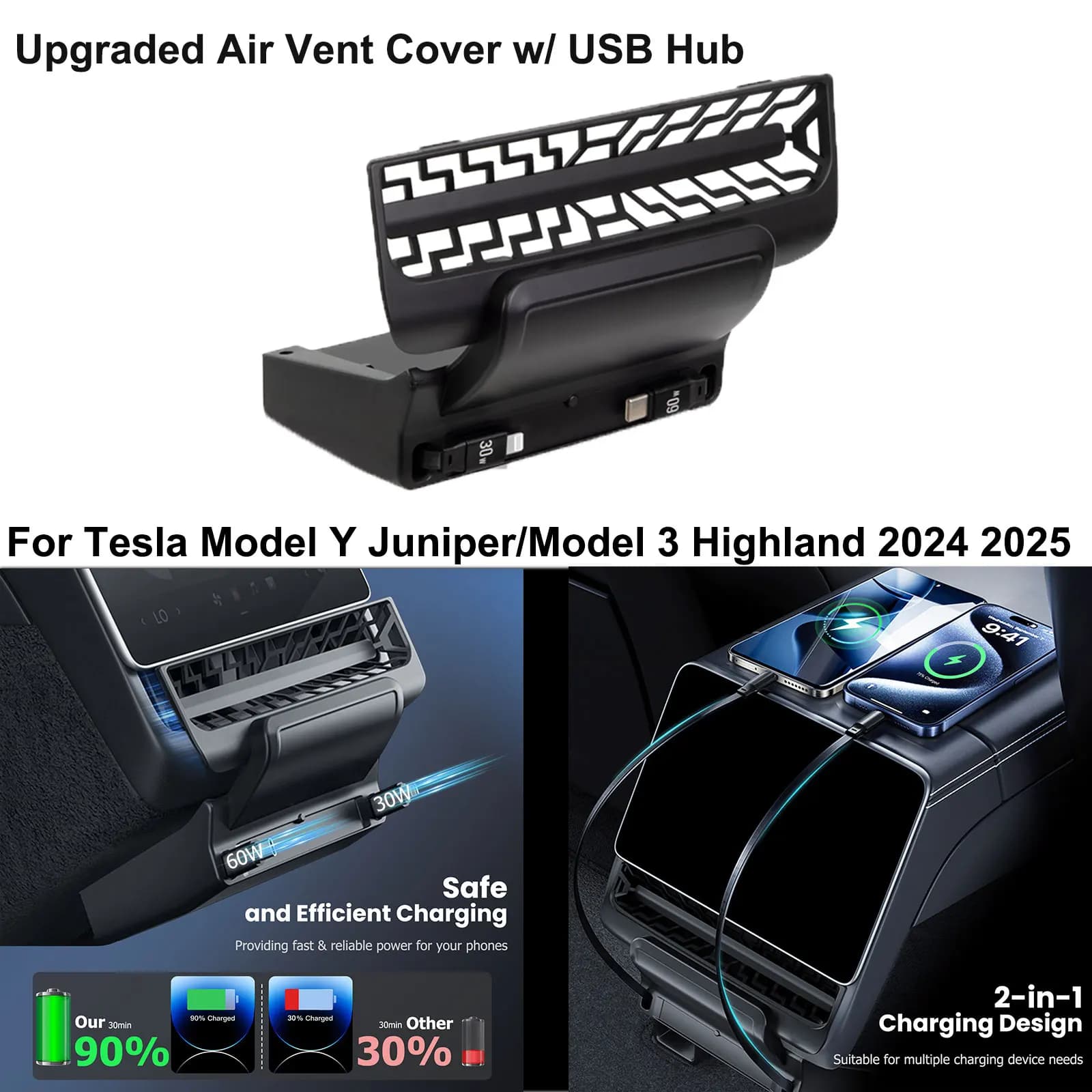 Copertura per Bocchetta di Ventilazione Auto con Caricatore USB Rapido 60W per Tesla Model Y Juniper 2025 2026 e Tesla Model 3 Highland 2024 2025