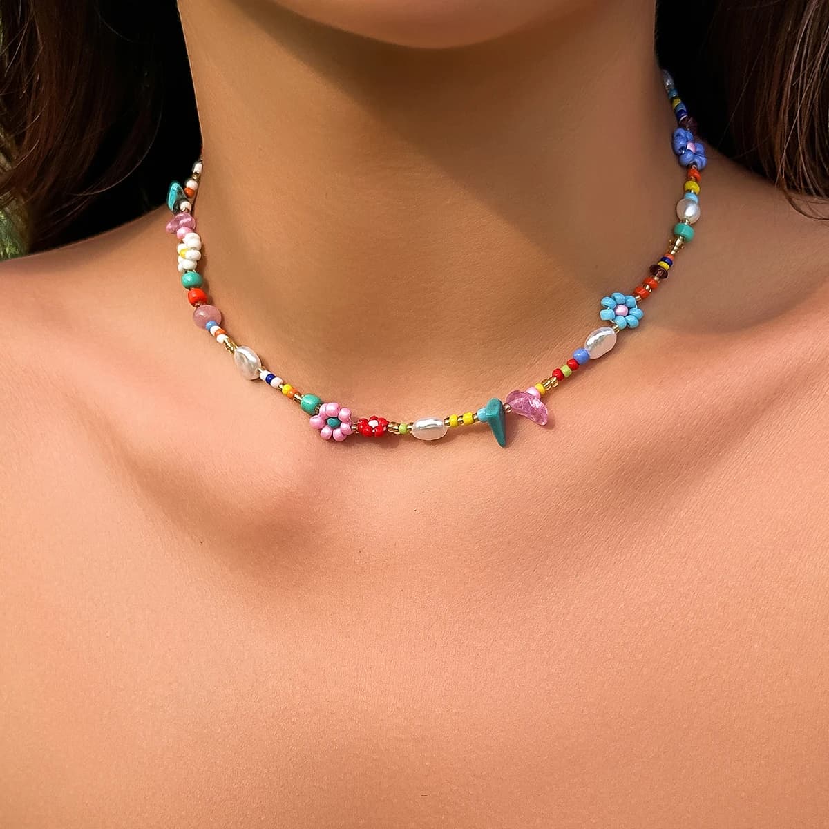 Boho Seed Beads Flower Choker Y2K Imitation Pearl Necklace