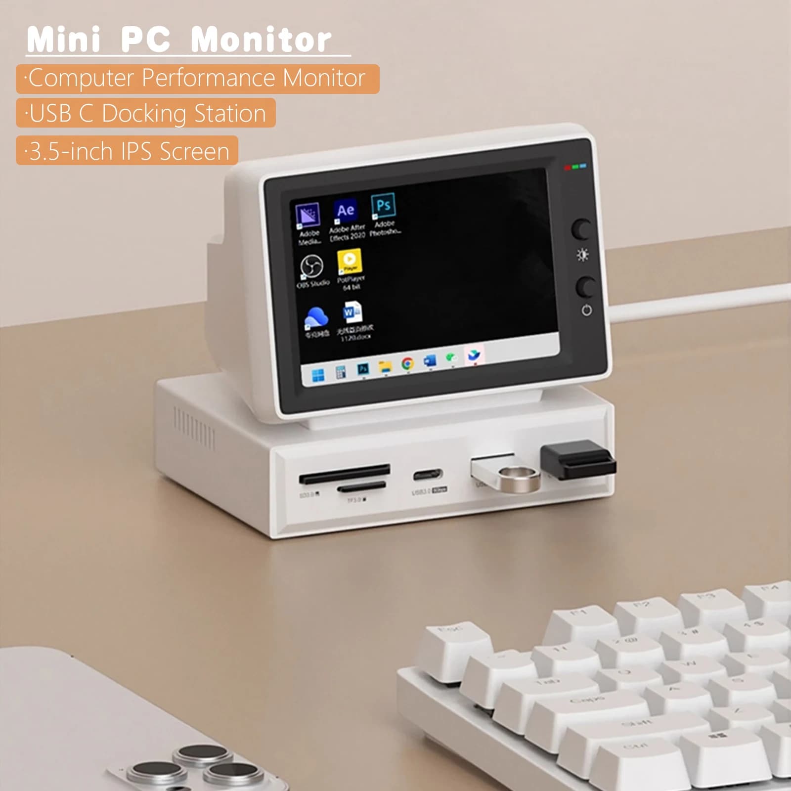Schermo secondario per monitor dati HDD da 3,5 pollici con hub USB C per PC portatile MacBook Mini schermo IPS AIDA64 Mini PC CPU RAM