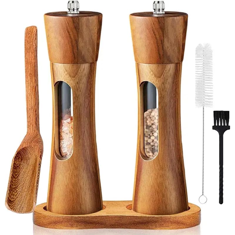 Set da 8 pollici Macina sale e pepe in legno con base, nucleo in ceramica Finestra trasparente Macinapepe manuale Set di shaker per spezie da cucina