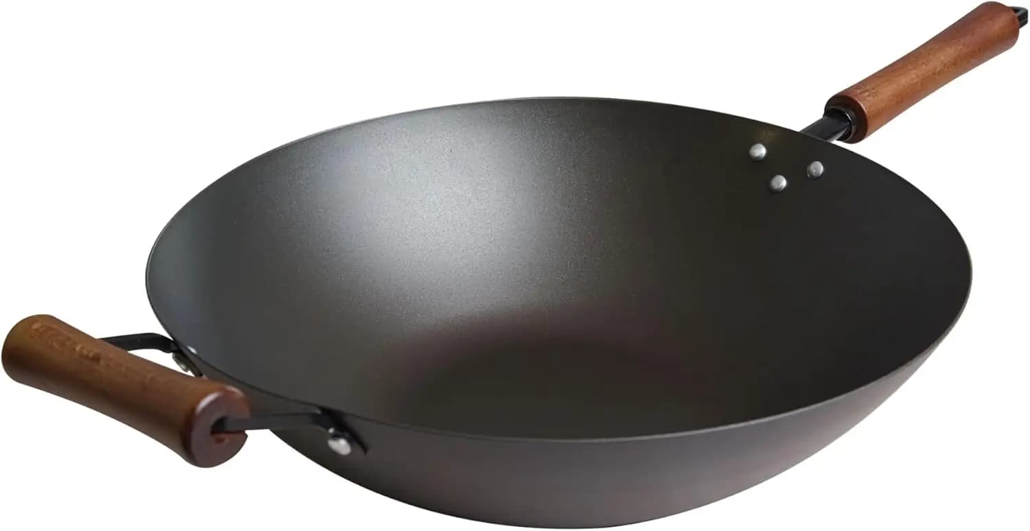 Wok in Acciaio al Carbonio Pretrattato da 14 Pollici, Manico Ergonomico in Legno di Faggio, Padella per Saltare in Padella a Riscaldamento Rapido per Uso Quotidiano