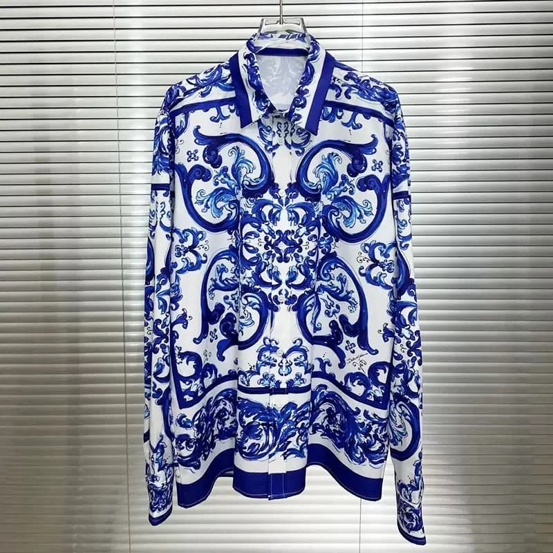Nuova Camicia da Uomo 2026 con Motivo Porcellana Blu e Bianca, Manica Lunga, Moda Business Casual, Taglie da XS a 6XL