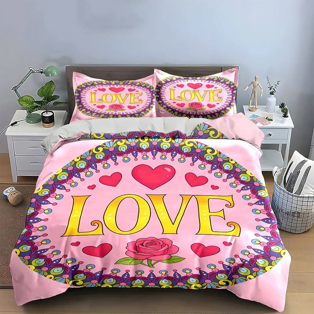 Set Decorativo a Tema Amore, Copripiumino Morbido e Confortevole, Set Biancheria da Letto Include 1 Copripiumino e 2 Federe, Regalo